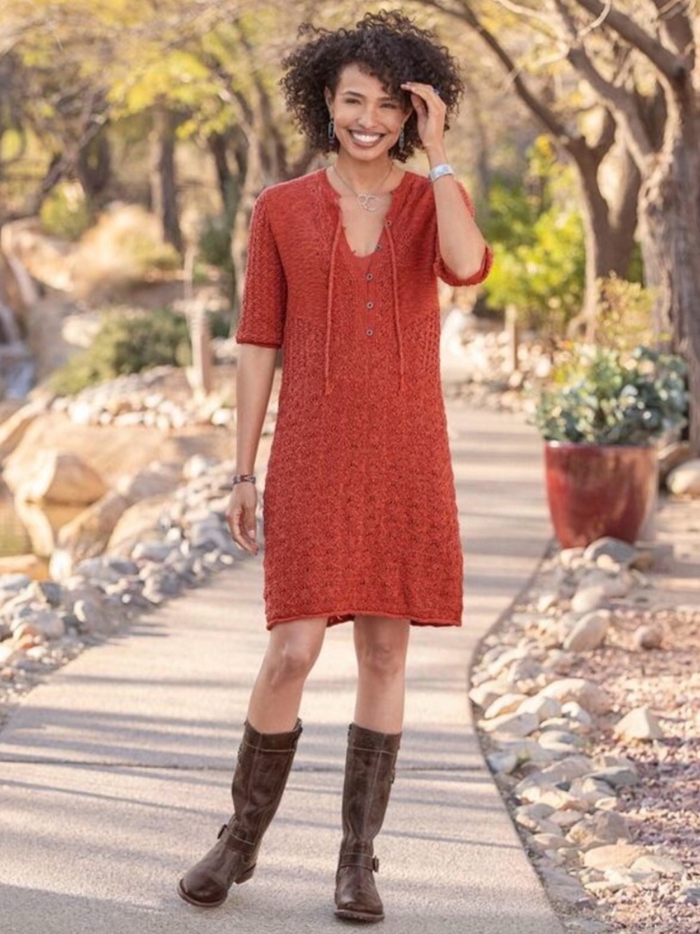 Sundance Burnt Orange Textured Knit Bohemian Dress